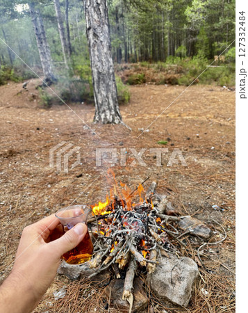 fire in pine forest hike rest. High quality photo fire in pine forest hike rest. High quality photo 127332484