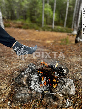 fire in pine forest hike rest. High quality photo fire in pine forest hike rest. High quality photo 127332525