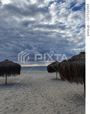 Beach chair sunset. High quality photo Beach chair sunset. High quality photo 127332564