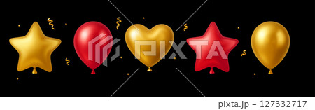3d Balloon Gold Red Golden Luxury Confetti Element Gift StarHeart Ball Balloons Icon Vector Card 127332717