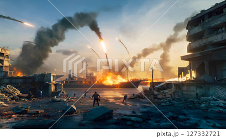 Burning port under fire 127332721
