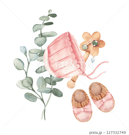 Baby Girl composition in eco style. Pink Bonnet and Booties with wooden Rattle and eucalyptus bouquets. Hand drawn Watercolor illustration of Newborn Accessories isolated on a white background. For Baby Girl composition in eco style. Pink Bonnet and Booties with wooden Rattle and eucalyptus bouquets. Hand drawn Watercolor illustration of Newborn Accessories isolated on a white background. For 127332749