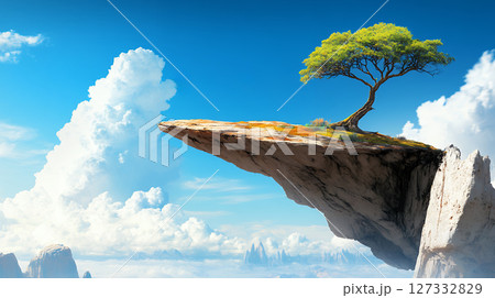 Lone tree on cliff with stunning sky backdrop 127332829