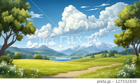 Pixel art meadow landscape with mountain view and blue sky 127332830