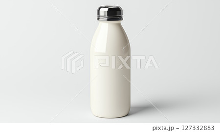 Off white ceramic water bottle with silver cap on white background 127332883