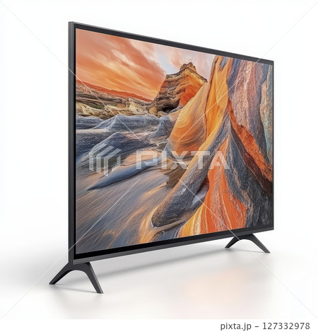 Sleek black television displaying vibrant sunset landscape 127332978