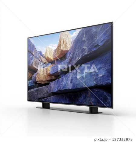 Sleek curved television displaying vivid rock landscape 127332979