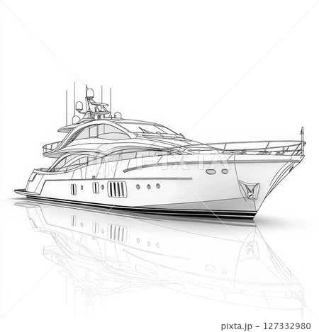 Sleek luxury yacht sketch in black and white illustration 127332980