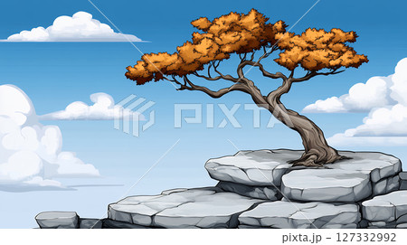 Pixel art tree on rocky cliff under blue sky 127332992