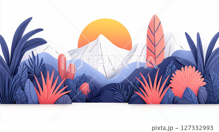 Colorful mountain landscape with vibrant plants and sun 127332993