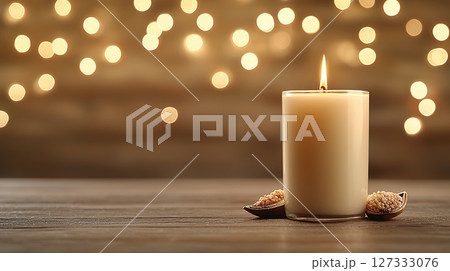 Lit ivory candle glowing softly with golden bokeh lights 127333076