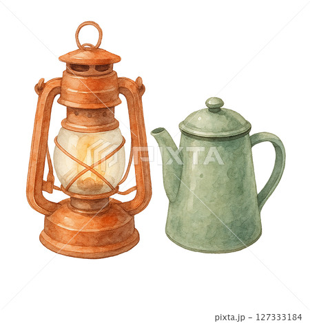 レトロなランタンとケトル・背景透過PNG素材 127333184