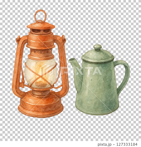 レトロなランタンとケトル・背景透過PNG素材 127333184