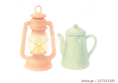パステルカラーのランタンとケトル・手描き水彩イラスト 127333185