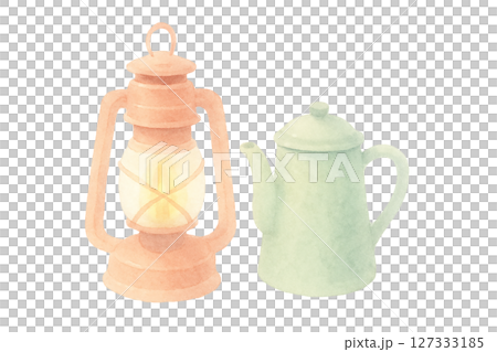 パステルカラーのランタンとケトル・手描き水彩イラスト 127333185