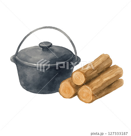ダッチオーブンと薪・キャンプ調理セット水彩イラスト素材 127333187