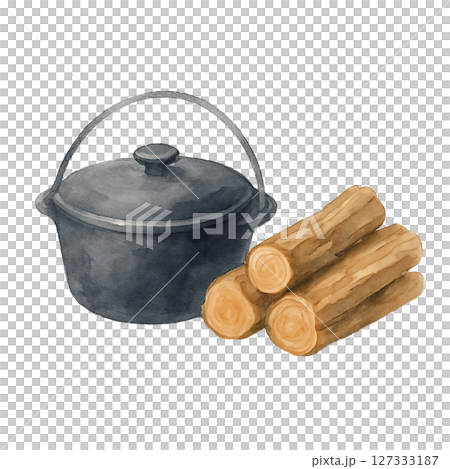 Dutch oven and firewood, camping cooking set watercolor illustration 127333187