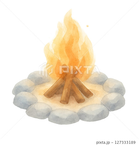 石囲いの焚き火(水彩イラスト素材) 石囲いの焚き火(水彩イラスト素材) 127333189