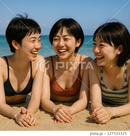 砂浜で寝そべりながら笑顔で語り合う3人の若者たちの場面を生成 127333325
