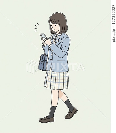スマホを見ながら歩く女子高生のイラスト（制服・通学風景 127333327