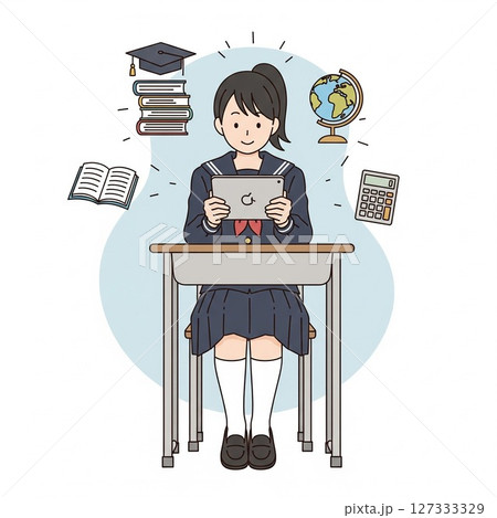 タブレットで勉強する女子中学生のイラスト｜ICT教育・オンライン学習 127333329
