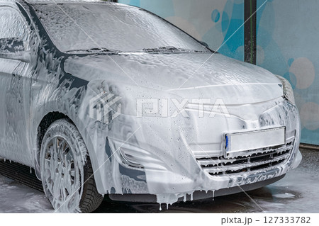 Car wash background. Car washing station foam. Man self service detail splash. 127333782