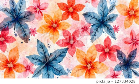 Vibrant watercolor floral pattern with blue and orange flowers on a light background Vibrant watercolor floral pattern with blue and orange flowers on a light background 127334029
