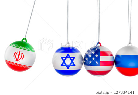 Newtons cradle with Iran, Israel, Syria, USA, Russia, flags. Symbolizing geopolitical tension and chain reaction. 3D rendering Newtons cradle with Iran, Israel, Syria, USA, Russia, flags. Symbolizing geopolitical tension and chain reaction. 3D rendering 127334141