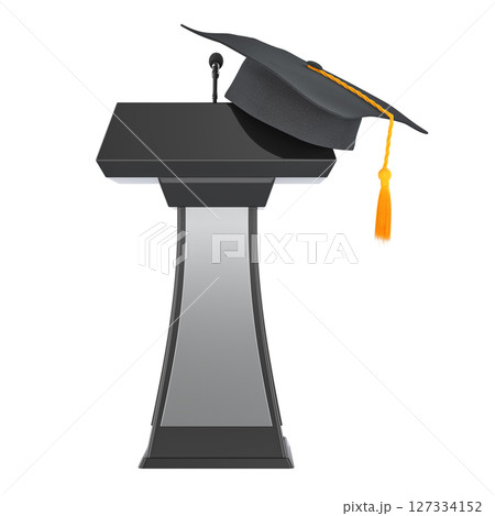Graduation cap on podium with microphone. Academic achievement, speech or ceremony, concept. 3D rendering Graduation cap on podium with microphone. Academic achievement, speech or ceremony, concept. 3D rendering 127334152