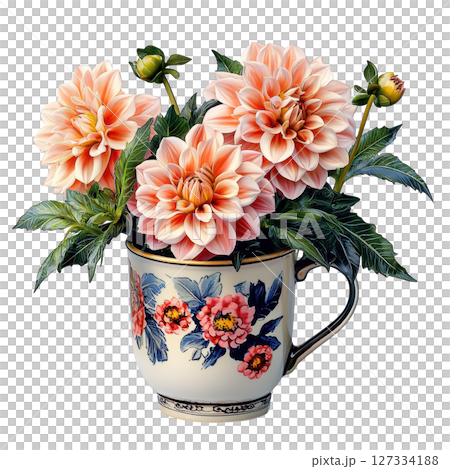 Beautiful dahlia flowers in decorative cup, showcasing vibrant colors and intricate details, perfect for floral enthusiasts and 127334188