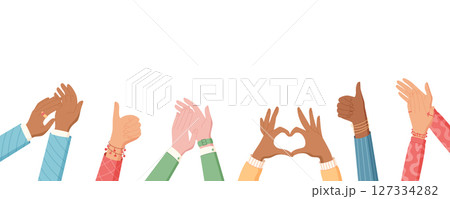 Flat colorful hands with heart gesture and applause. Human hands clap and show love happiness in a cheerful community. Perfect for banners, social media, creative projects. 127334282