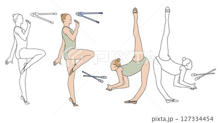 Young girls professional rhythmic gymnasts with clubs. Sport and healthy lifestyle concept. Black and white and color hand drawn vector illustration on white background Young girls professional rhythmic gymnasts with clubs. Sport and healthy lifestyle concept. Black and white and color hand drawn vector illustration on white background 127334454