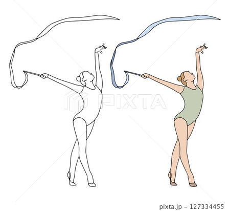 Rhythmic gymnast performing a dance with a ribbon. Black and white and color illustration in doodle style on a white background. Healthy lifestyle concept. Hand drawn vector 127334455
