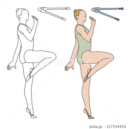 Young girls professional rhythmic gymnasts performing exercises with clubs. Sportswomen and equipment in doodle style. Colored hand drawn vector illustration on white backgroun 127334458