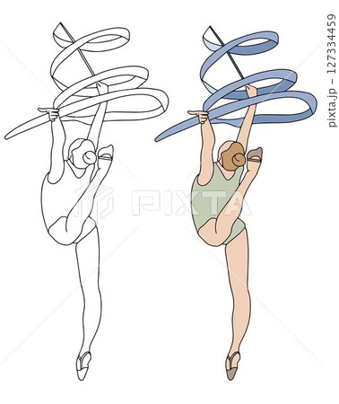 Rhythmic gymnast performing a ribbon dance. Black and white and color doodle style illustration on white background. Healthy lifestyle concept 127334459
