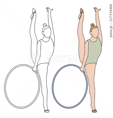 Elegant slim girl with hoop - rhythmic gymnast. Sportswoman with equipment in doodle style. Black and white and Color hand drawn illustration. White background. Vector Elegant slim girl with hoop - rhythmic gymnast. Sportswoman with equipment in doodle style. Black and white and Color hand drawn illustration. White background. Vector 127334460