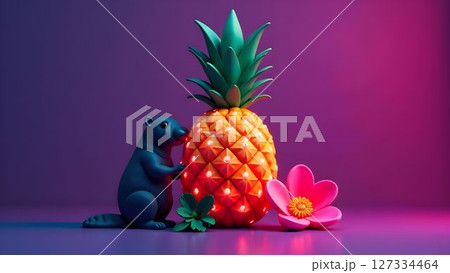 Bright and whimsical scene featuring a cute creature next to a pineapple with colorful flowers in a vibrant setting Bright and whimsical scene featuring a cute creature next to a pineapple with colorful flowers in a vibrant setting 127334464