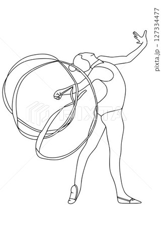 Young rhythmic gymnast performing a ribbon dance. Black and white doodle style illustration on a white background. Hand drawn vector. 127334477