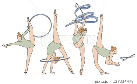 Set of silhouettes of artistic gymnasts. Various apparatus, ribbon, clubs, hoop. Girls gymnasts with clubs, ribbon and hoop. Colorful set of artistic gymnastics in doodle style. Vector hand drawn 127334479
