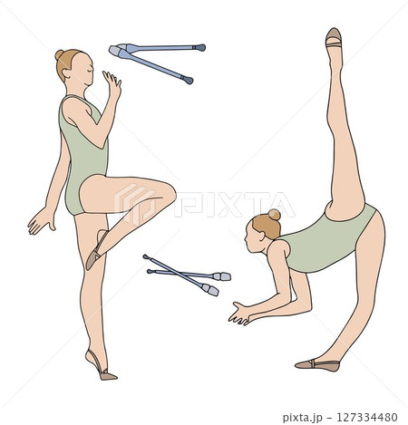 Young girls professional rhythmic gymnasts performing exercises with clubs. Sportswomen and equipment in doodle style. Colored hand drawn vector illustration on white background 127334480