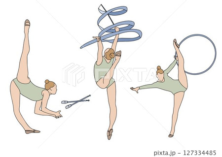 Set of rhythmic gymnastics silhouettes. Different apparatus such as ribbon, clubs, hoop, skipping rope and ball.  127334485