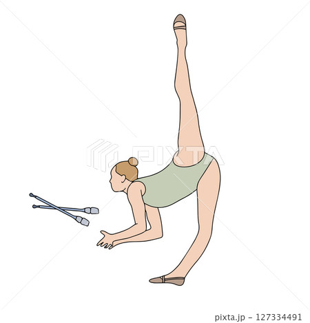 Young woman professional rhythmic gymnast performing rhythmic gymnastics exercises with clubs. Colored doodle style illustration isolated on white background. Hand drawn vector 127334491