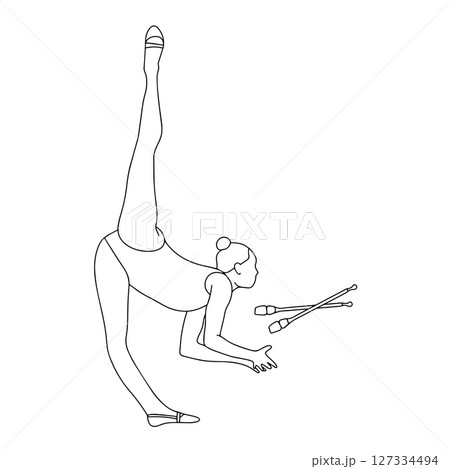 Young woman professional rhythmic gymnast performing rhythmic gymnastics exercise with clubs. Vector illustration isolated on white background Young woman professional rhythmic gymnast performing rhythmic gymnastics exercise with clubs. Vector illustration isolated on white background 127334494