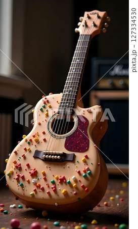 Creative guitar design with candy decorations showcased in a cozy indoor setting 127334530