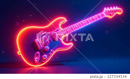Bright neon electric guitar with vibrant lighting effects in a dark setting showcasing modern artistry 127334534