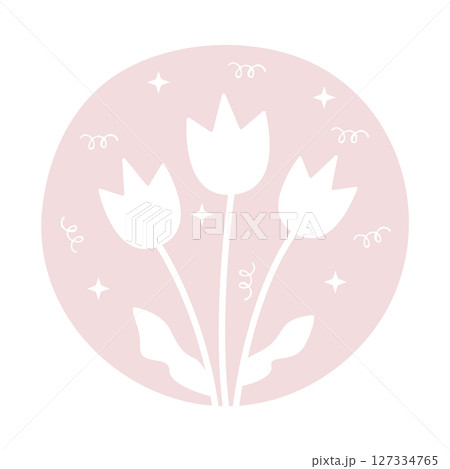 Three tulips with leaves in circle, light beige and white, piglet, peach color 127334765