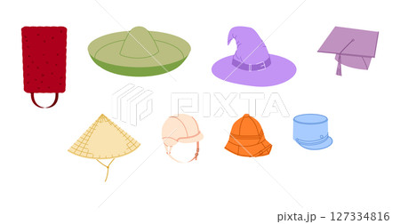 Set of Different Hats - Coolie Mortarboard Sombrero Wizard, Bicorne Bonnet Bearskin, Kepi Pith Riding Helmet. Set of Different Hats - Coolie Mortarboard Sombrero Wizard, Bicorne Bonnet Bearskin, Kepi Pith Riding Helmet. 127334816