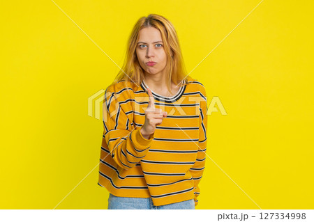 Woman having quarrel irritation displeasure, blaming scolding for failure, asking why this happened, Woman having quarrel irritation displeasure, blaming scolding for failure, asking why this happened, 127334998