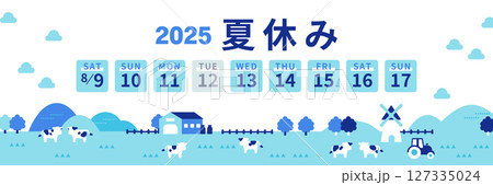 2025年夏休み期間の案内イラスト（牛と牧場の背景付き） 127335024