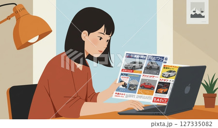 自宅でじっくり車選び!カタログを読む女性のイラスト 自宅でじっくり車選び!カタログを読む女性のイラスト 127335082